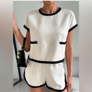 White Tweed Two-Piece Set with Black Trim